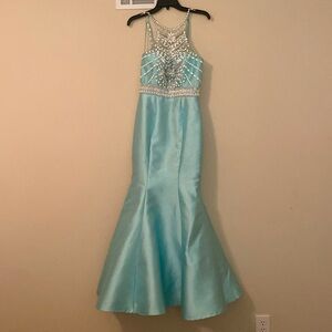Teal satin pageant prom dress
